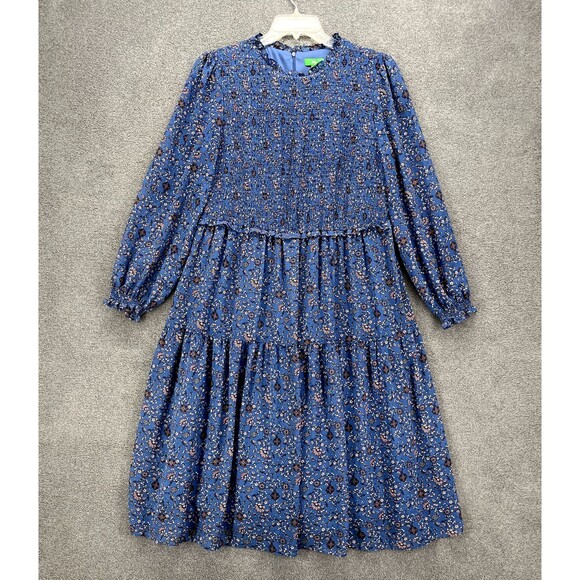 Dip Dress Womens Plus 18 W Blue Floral Cottage sheer long puff sleeves peasant - Picture 1 of 16